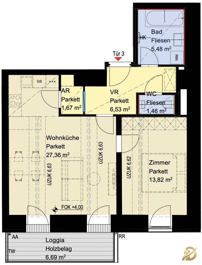 Grundriss einer Wohnung mit Wohnküche, Zimmer, Bad, WC und einer Loggia.