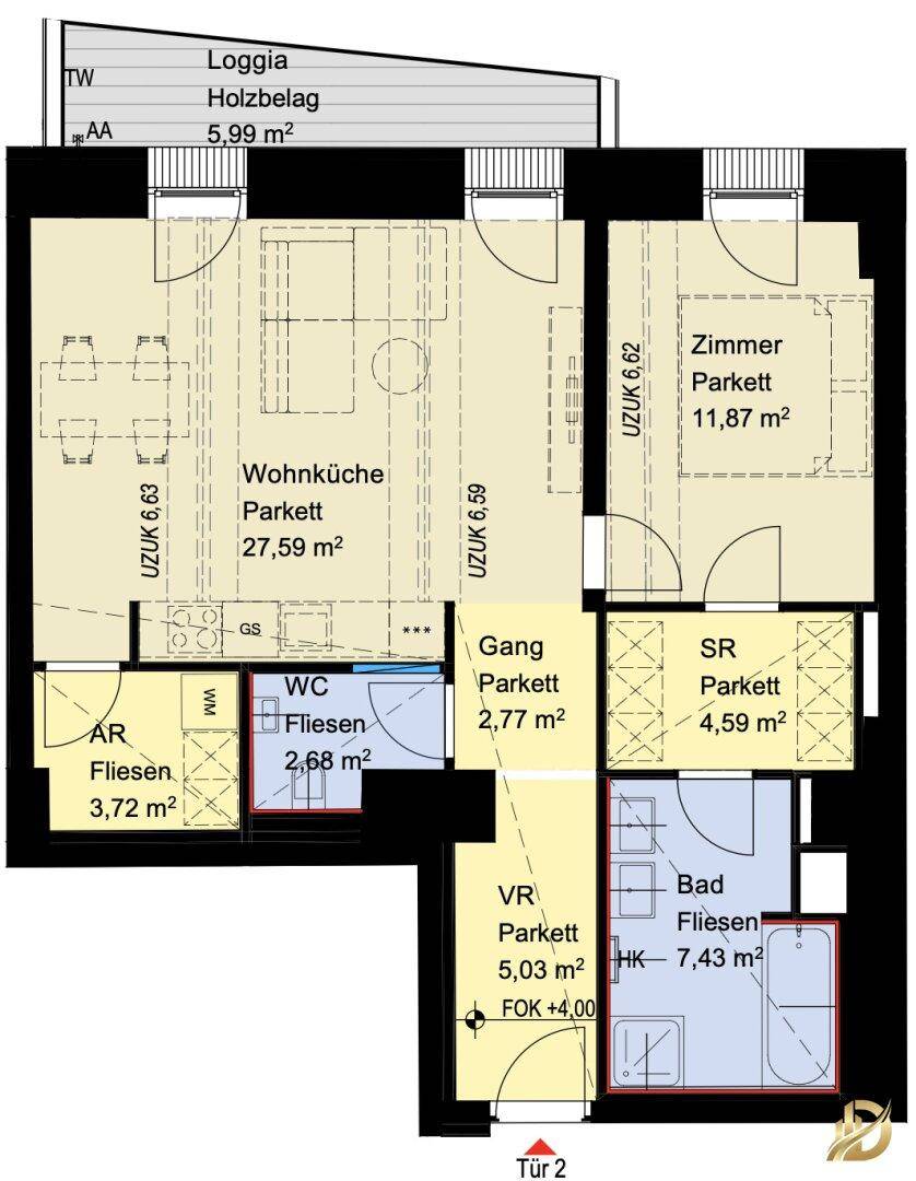 Grundriss einer Wohnung mit Wohnküche, Schlafzimmer, Bad, WC und einer Loggia.