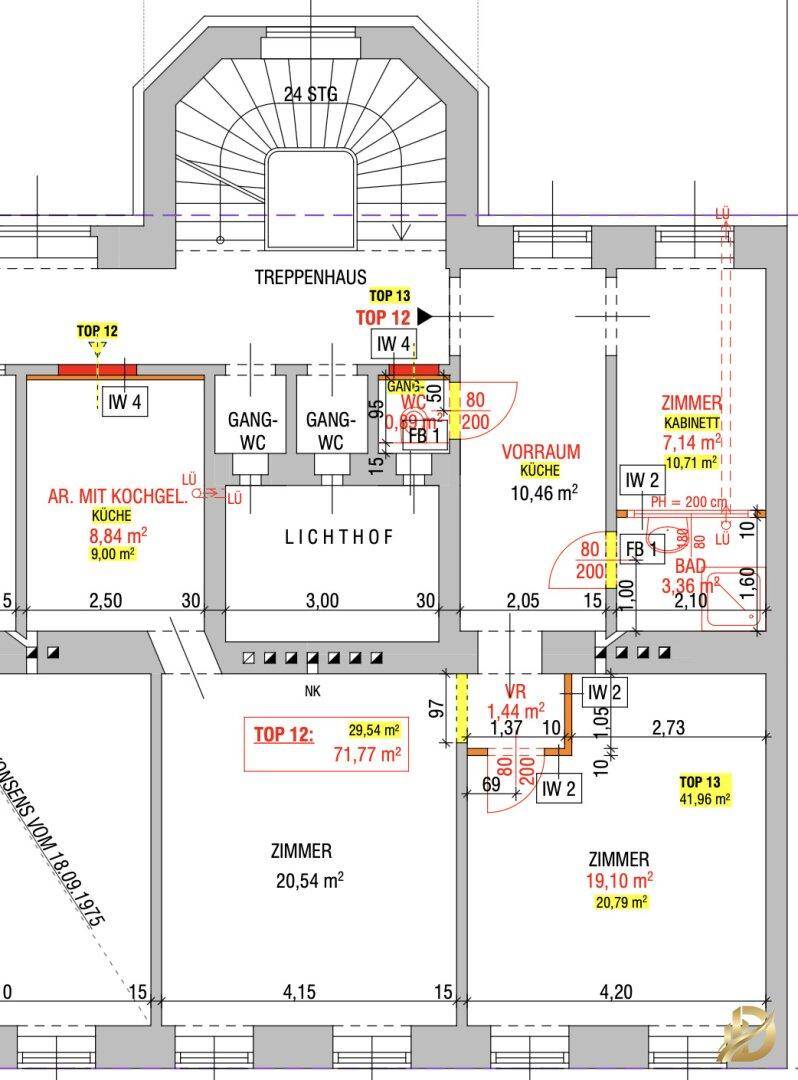 Detaillierter Grundriss mit Treppenhaus, mehreren Zimmern und Flächenangaben.