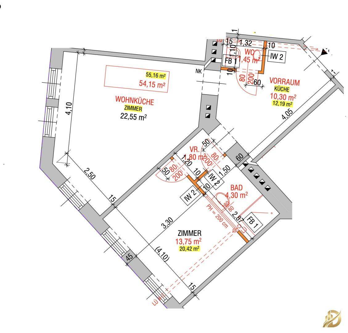 Detaillierter Grundriss einer Wohnung mit offener Wohnküche, einem Zimmer und einem Badezimmer.