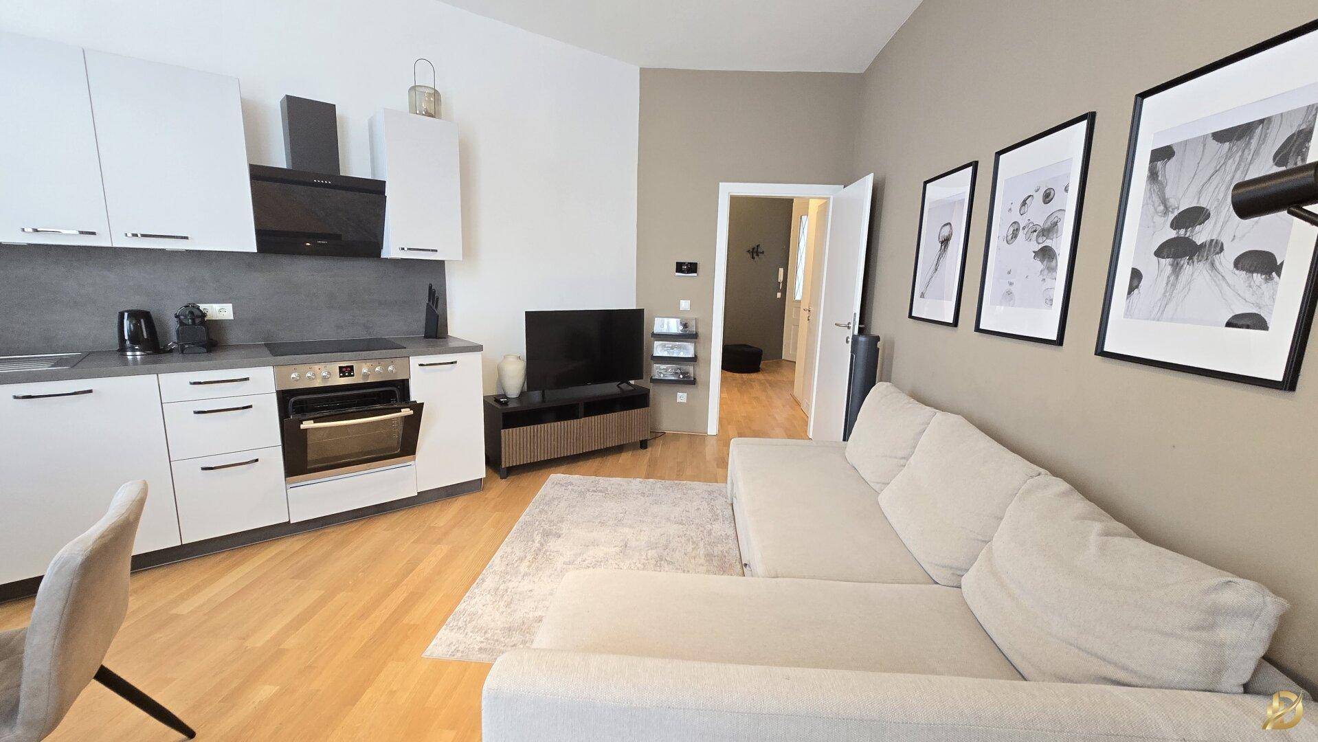 Moderner Wohnbereich mit integrierter Küchenzeile, Sofa und Fernseher.