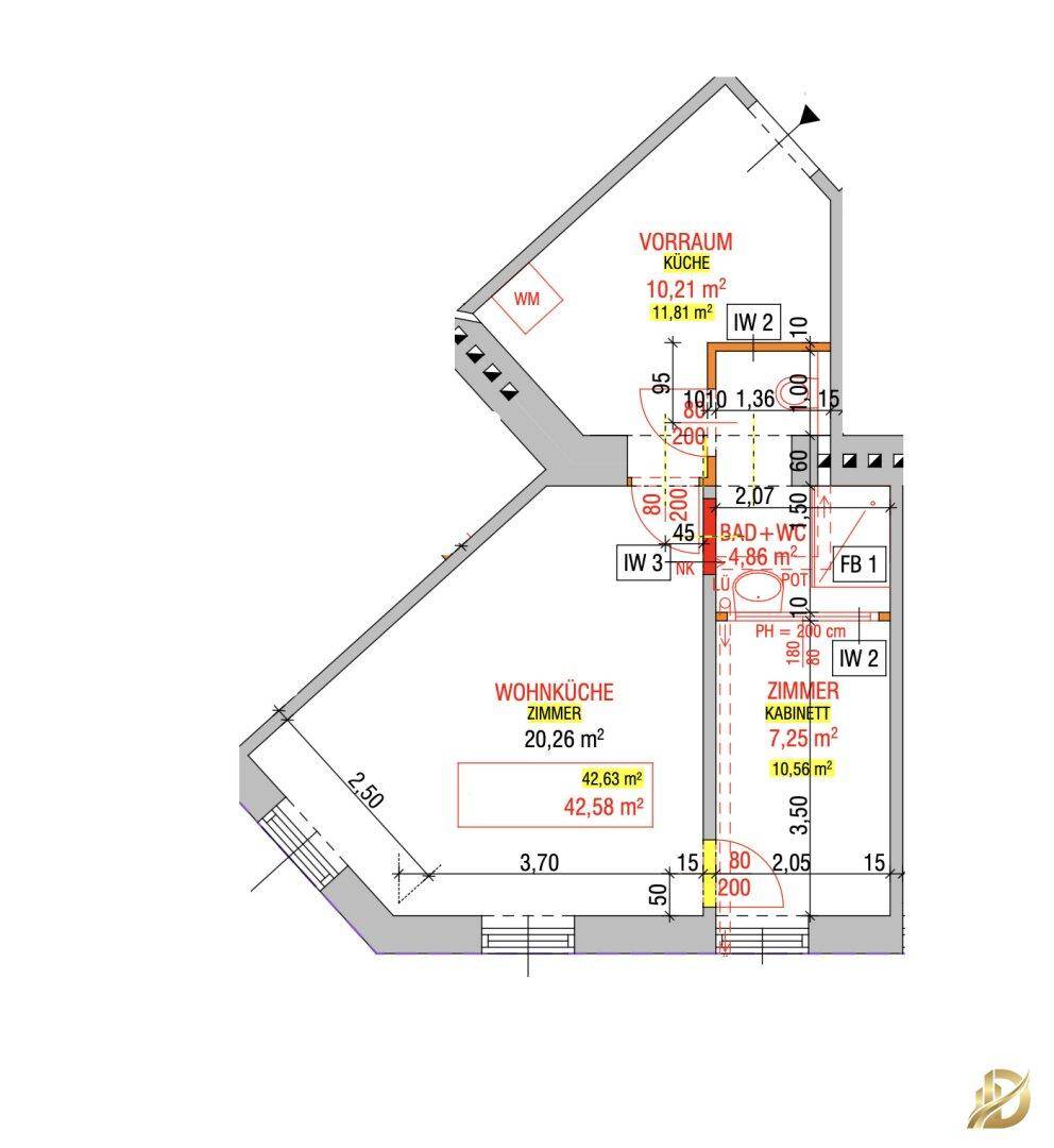 Detaillierter Grundriss einer Wohnung mit Raumaufteilung und Flächenangaben.