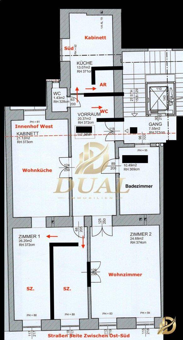 Grundriss der Wohnung mit mehreren Zimmern, Küche und Bad.