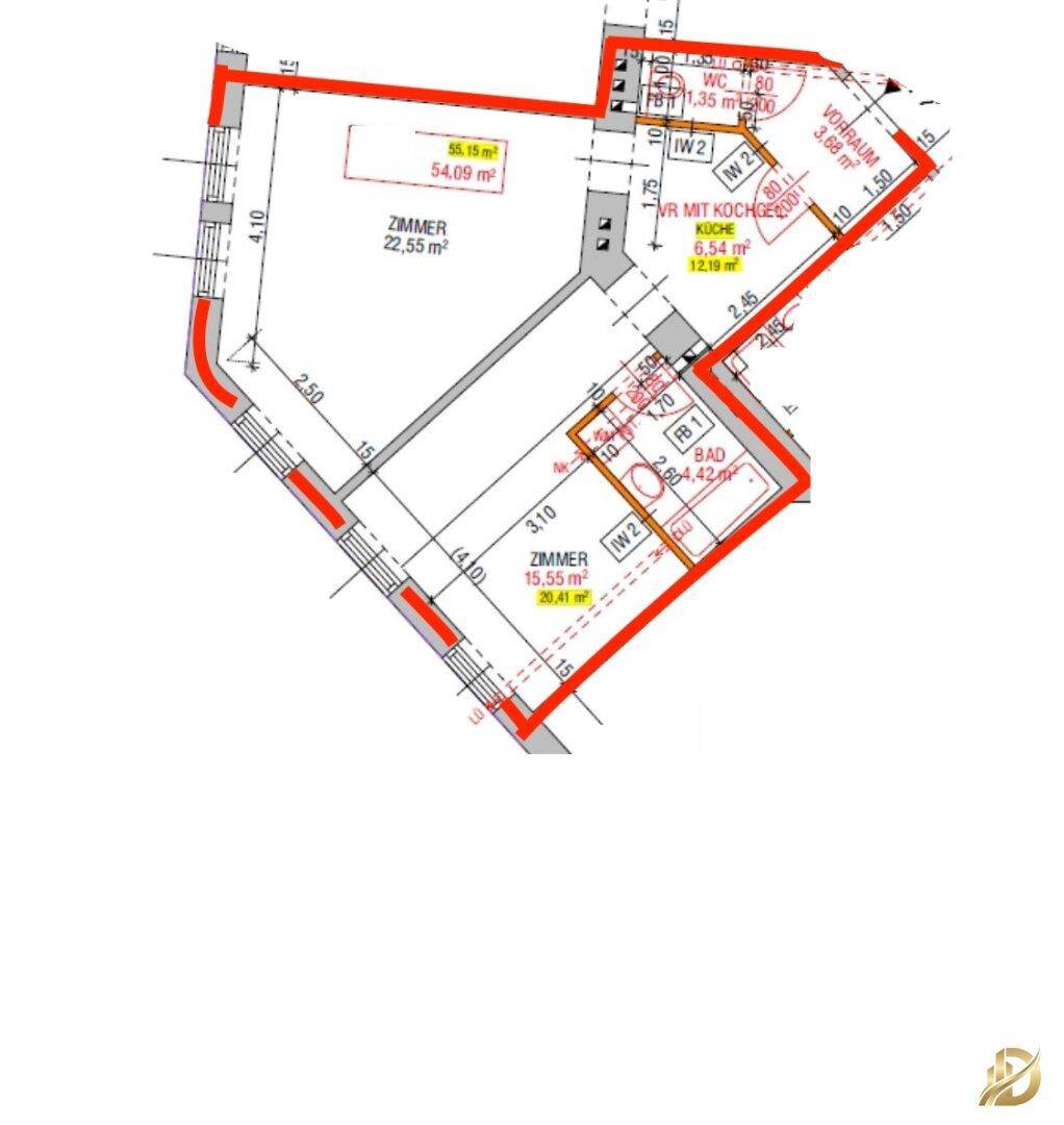 Detaillierter Grundriss einer Wohnung mit mehreren Zimmern, Küche, Bad und separatem WC.