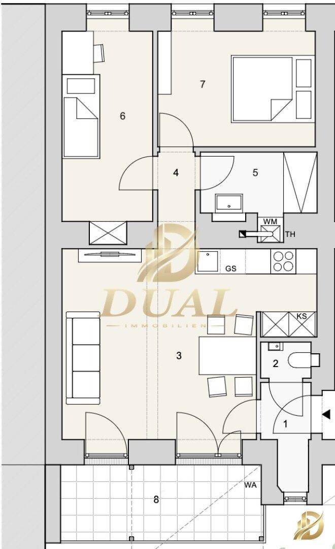 Detaillierter Grundriss einer Wohnung mit acht nummerierten Räumen und Möblierungsvorschlägen.