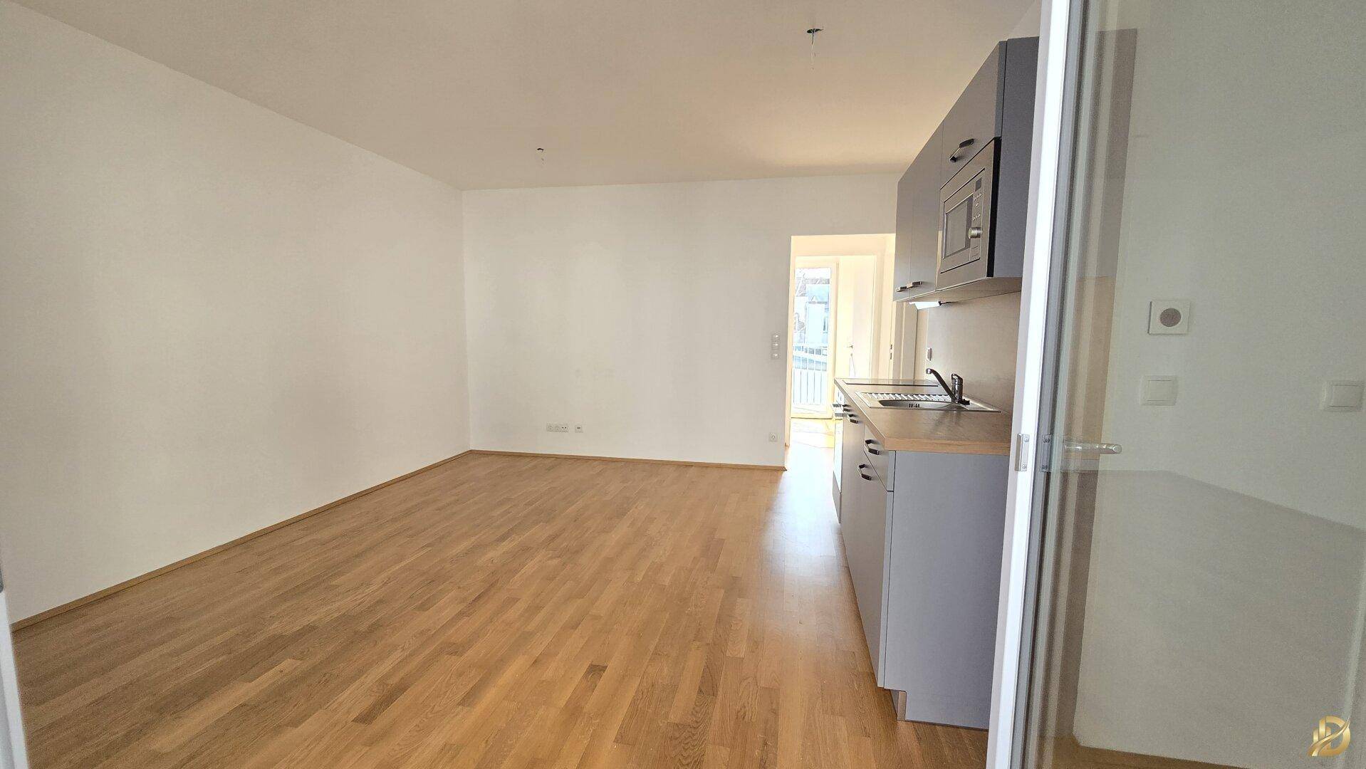 Offener Wohnbereich mit Küchenzeile und Blick auf den Ausgang zum Balkon.
