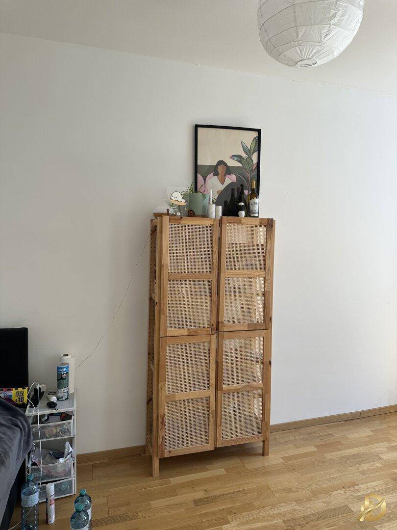Dekorativer Holzschrank mit Rattan-Türen und moderner Kunst an der Wand.