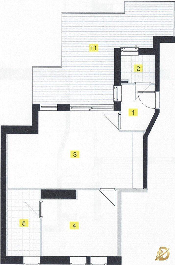 Grundriss einer Wohnung mit einer großen Terrasse und mehreren Räumen.