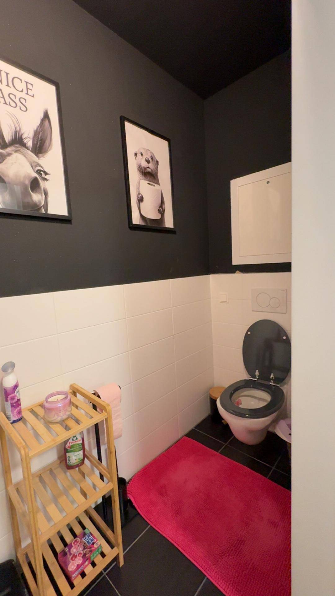 Kleines Gäste-WC mit dunklen Fliesen, weißer Wand und moderner Dekoration.