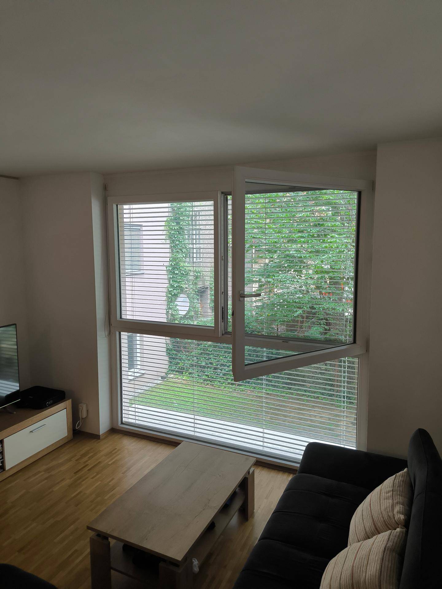 Helles Wohnzimmer mit großem Fenster und Blick ins Grüne.