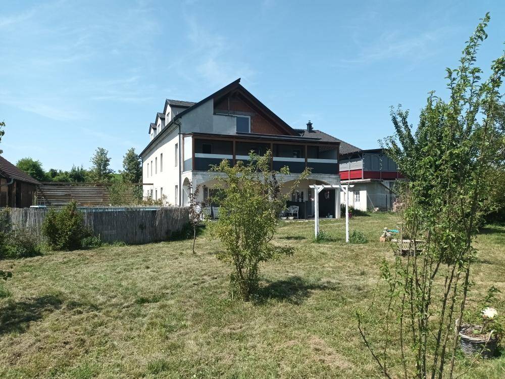 Weitläufiger Gartenbereich mit Bäumen, Rasenfläche und einem oberirdischen Pool vor ländlicher Kulisse.