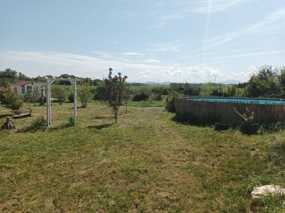 Offener Garten mit oberirdischem Pool, jungen Bäumen und weitem Blick über die Felder.