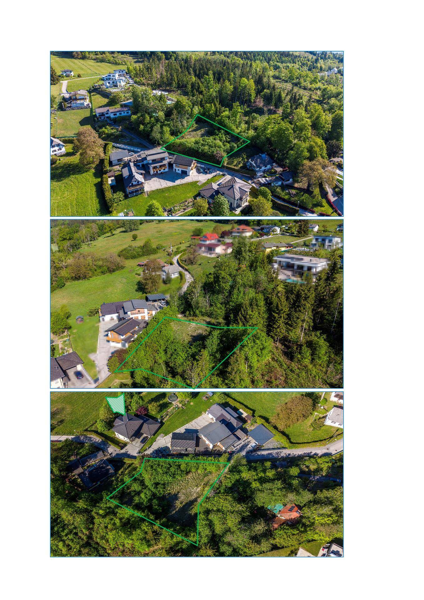 Eine Collage von drei Luftaufnahmen, die das Grundstück aus verschiedenen Perspektiven zeigen.