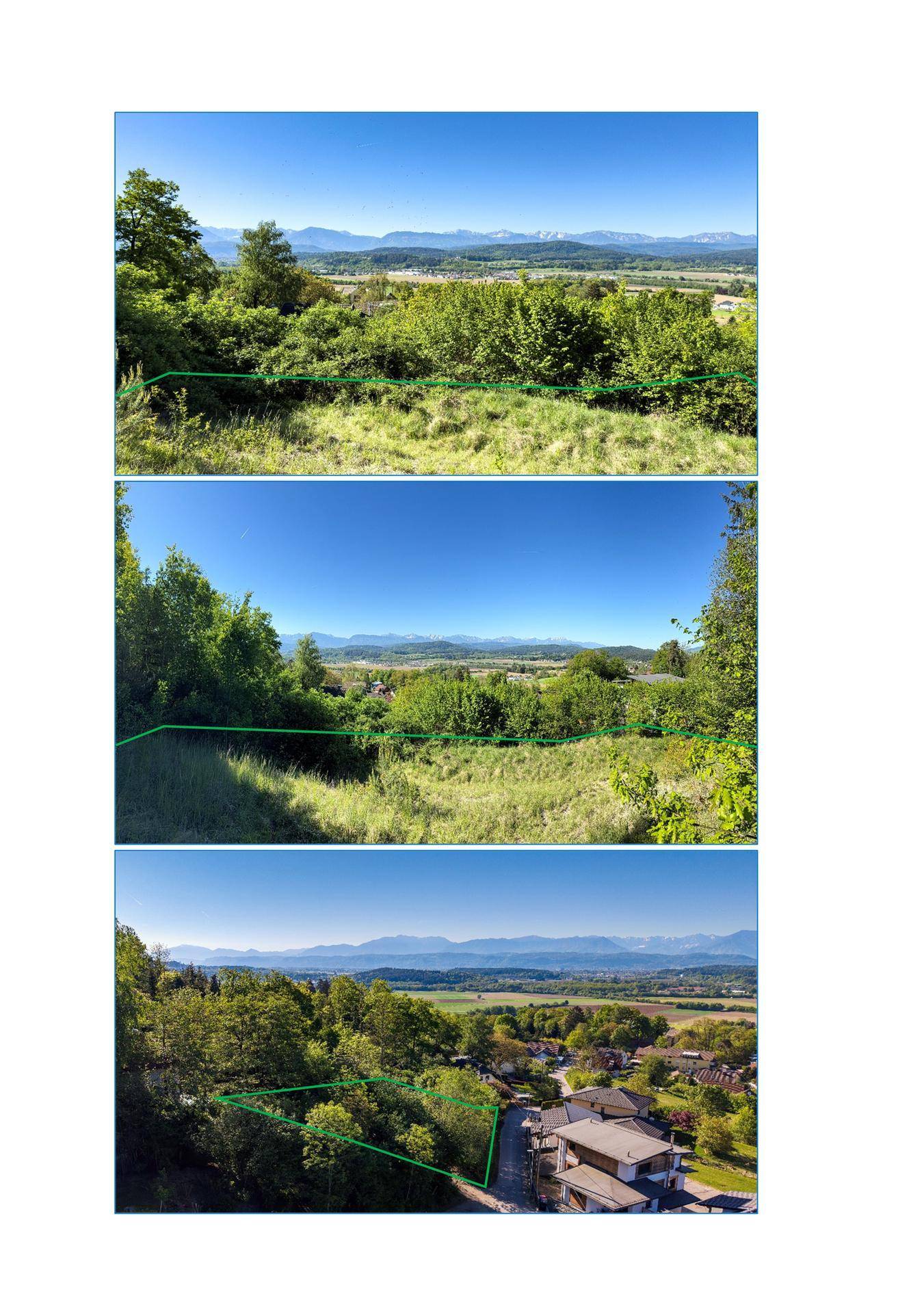 Eine Collage von drei Landschaftsaufnahmen mit markiertem Grundstück und Bergblick.