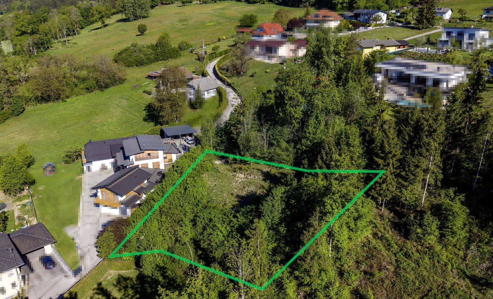 Luftbild eines grünen Grundstücks in Hanglage, umgeben von Bäumen und vereinzelten Häusern.