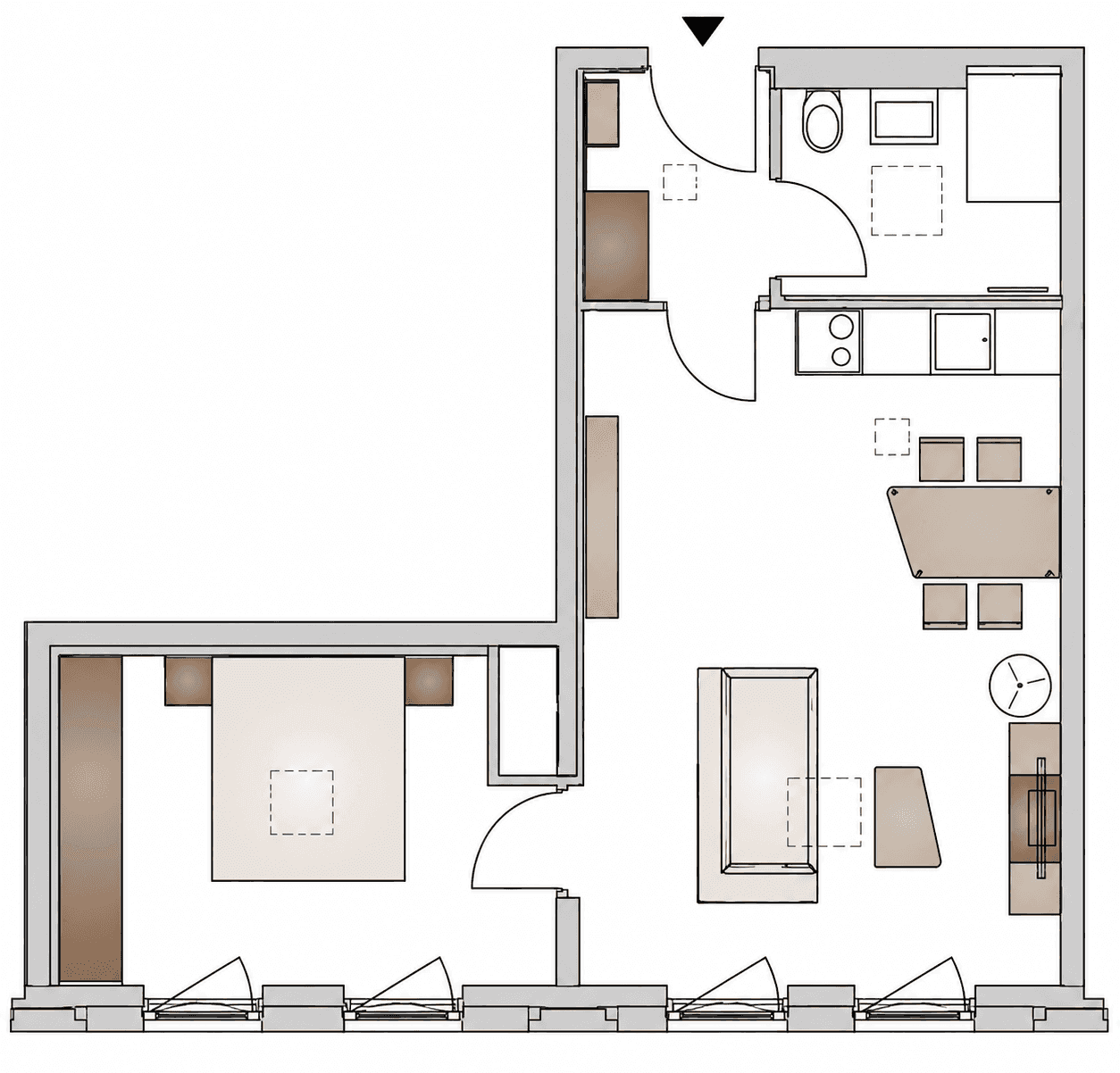 Grundriss einer L-förmigen Wohnung mit separatem Schlafzimmer und offenem Wohnbereich.