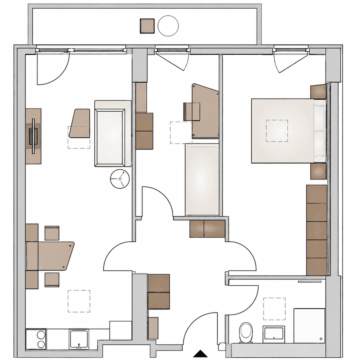 Grundriss einer Zwei-Zimmer-Wohnung mit separatem Schlafzimmer und offenem Wohnbereich.