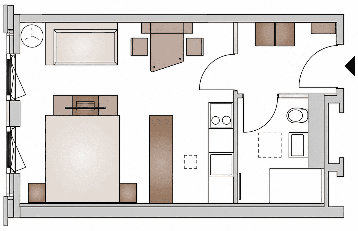 Grundriss einer kompakten Wohnung mit Schlafbereich, Wohnbereich und integrierter Kochnische.