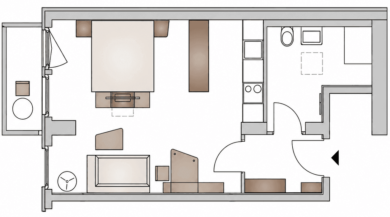 Grundriss einer Wohnung mit Schlafbereich, Wohnbereich und Zugang zu einem Balkon.