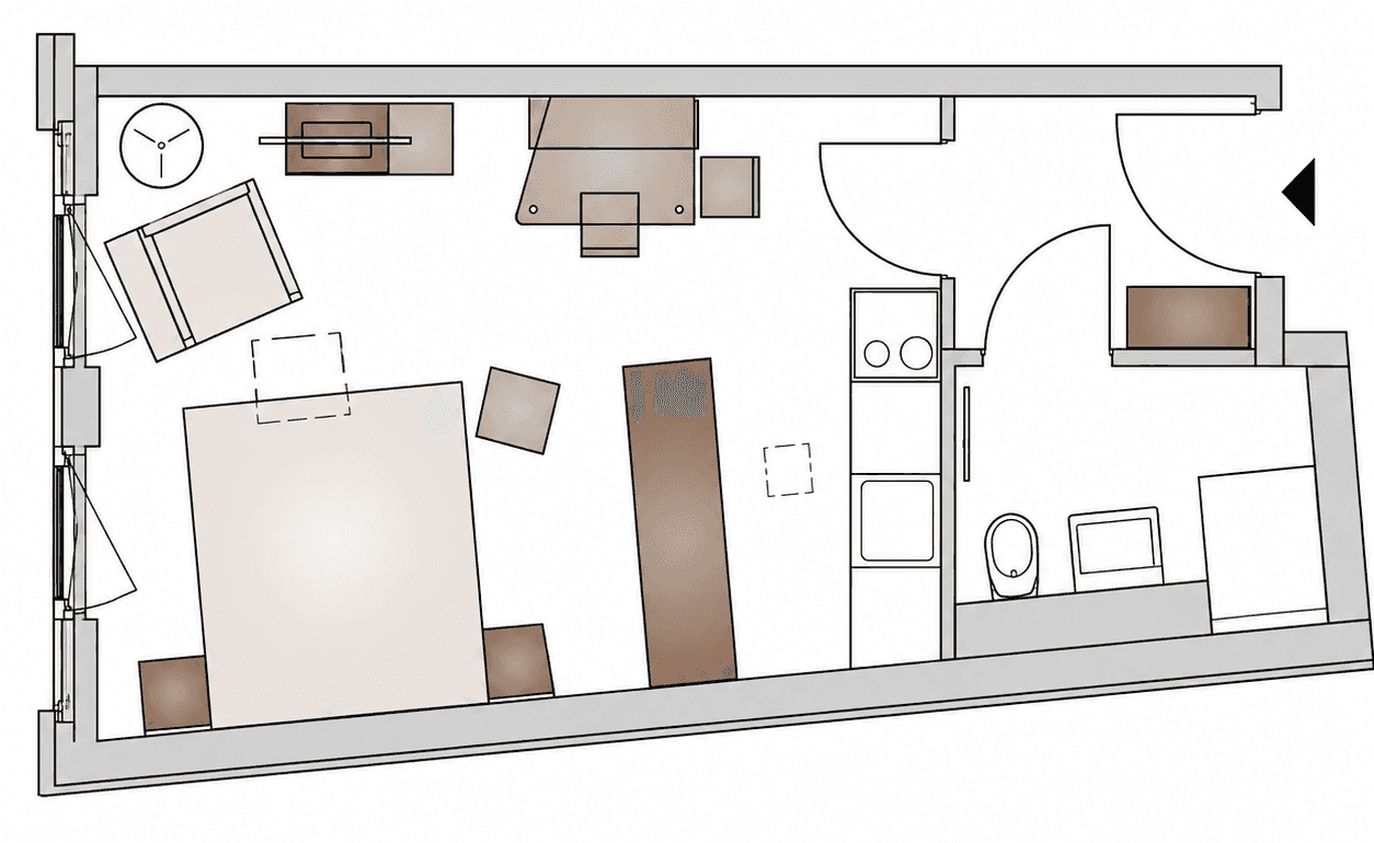Grundriss einer Wohnung mit Schlafbereich, Wohnbereich und separater Kochnische.