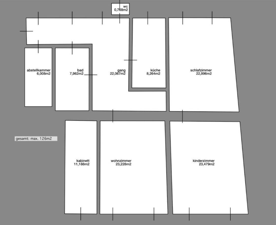 Grundriss der Wohnung mit verschiedenen Räumen und Flächenangaben.