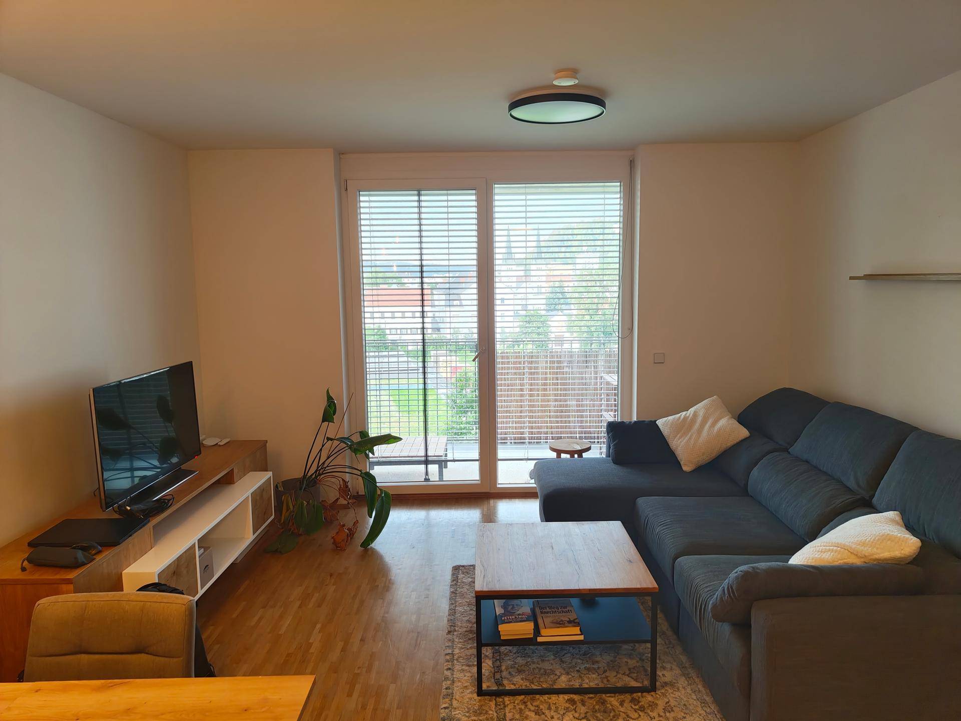 Helles Wohnzimmer mit Holzboden, bequemer Couch und Zugang zum Balkon.