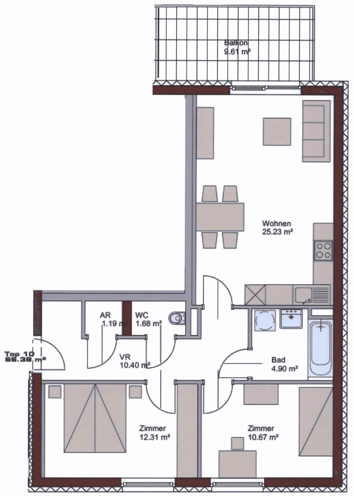 Grundriss einer Wohnung mit offenem Wohnbereich, zwei Schlafzimmern, Bad, separatem WC und Balkon.