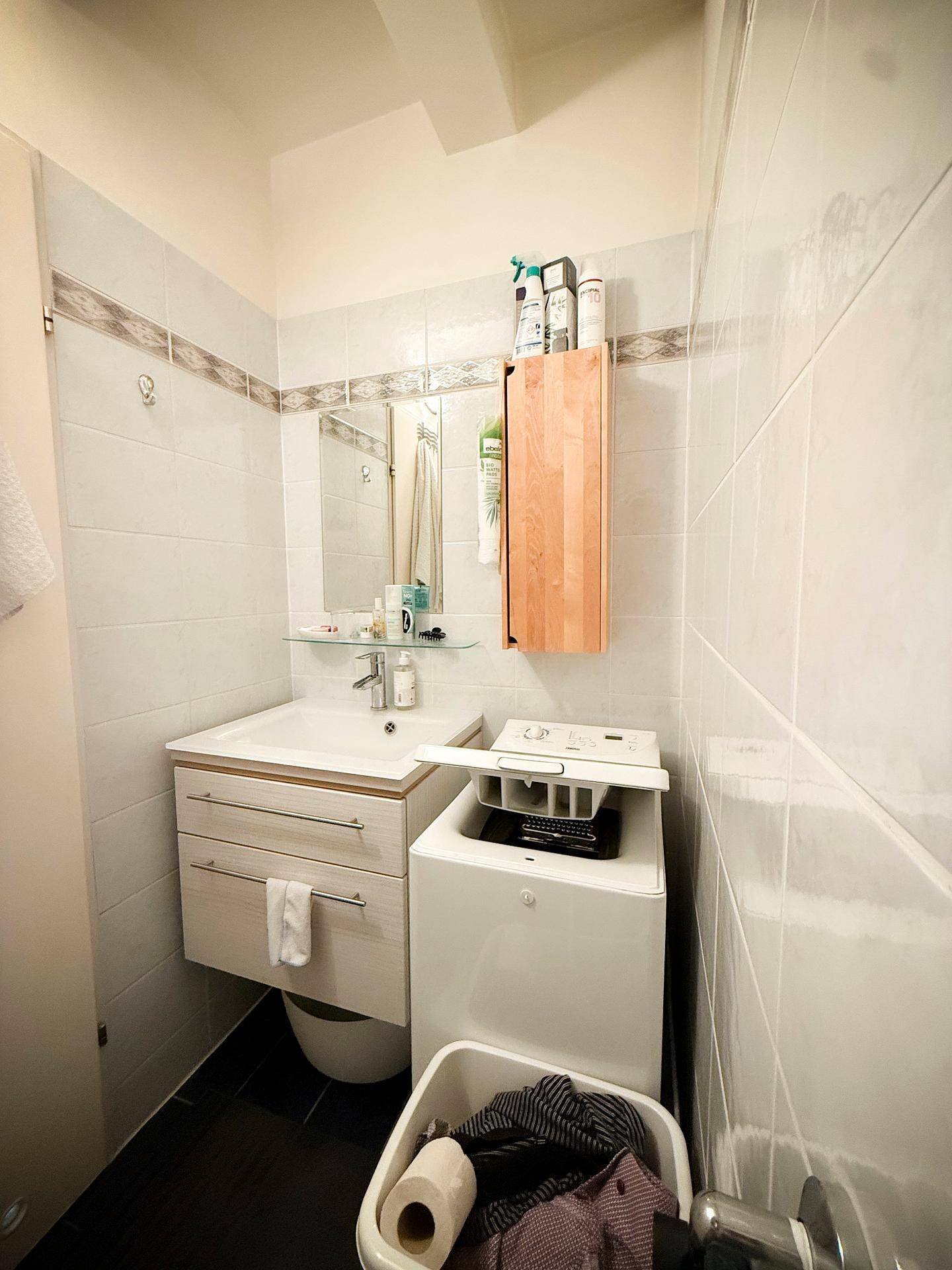 Badezimmer mit Waschbecken, Spiegelschrank und integrierter Waschmaschine.