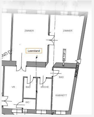 Grundriss einer Wohnung mit mehreren Zimmern, zwei Bädern, Küche und separatem WC.