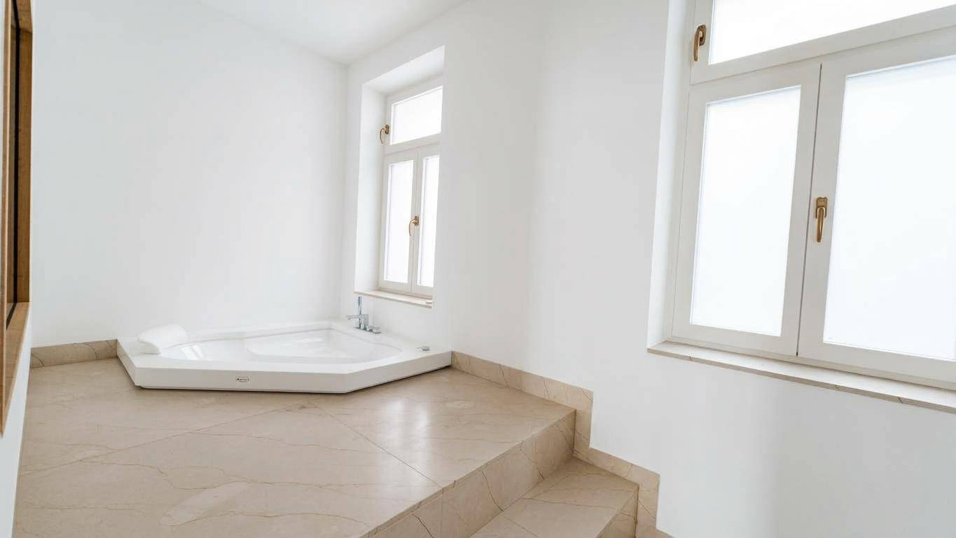 Modernes Badezimmer mit Eckbadewanne auf einer erhöhten Plattform und großen Fenstern.