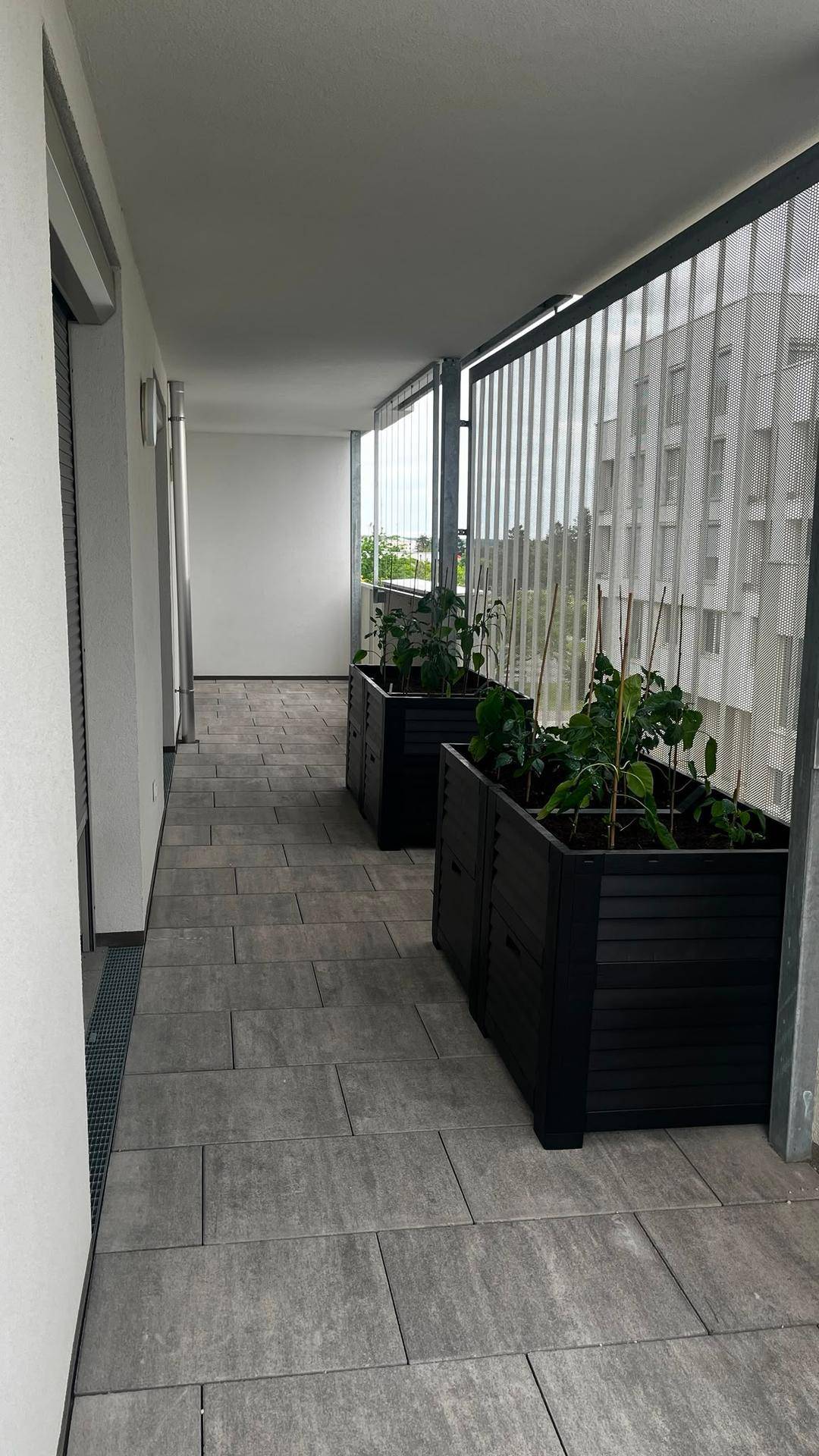 Geräumiger Balkon mit modernen Fliesen, Pflanzenkübeln und Blick auf die Umgebung.