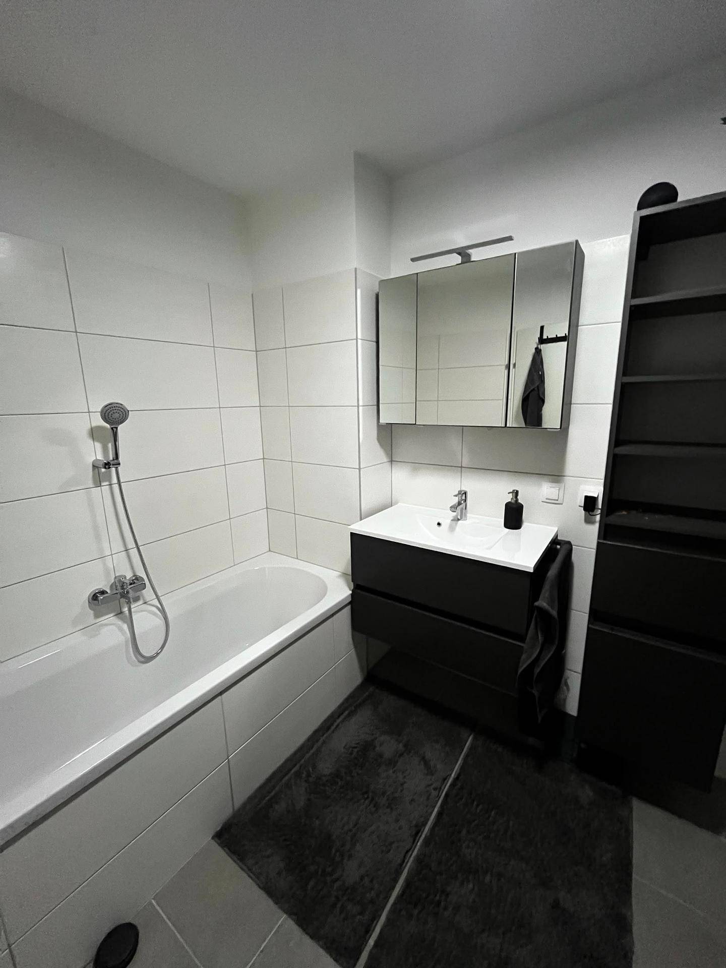 Modernes Badezimmer mit Badewanne, Waschtisch und Spiegelschrank, bietet praktischen Stauraum.