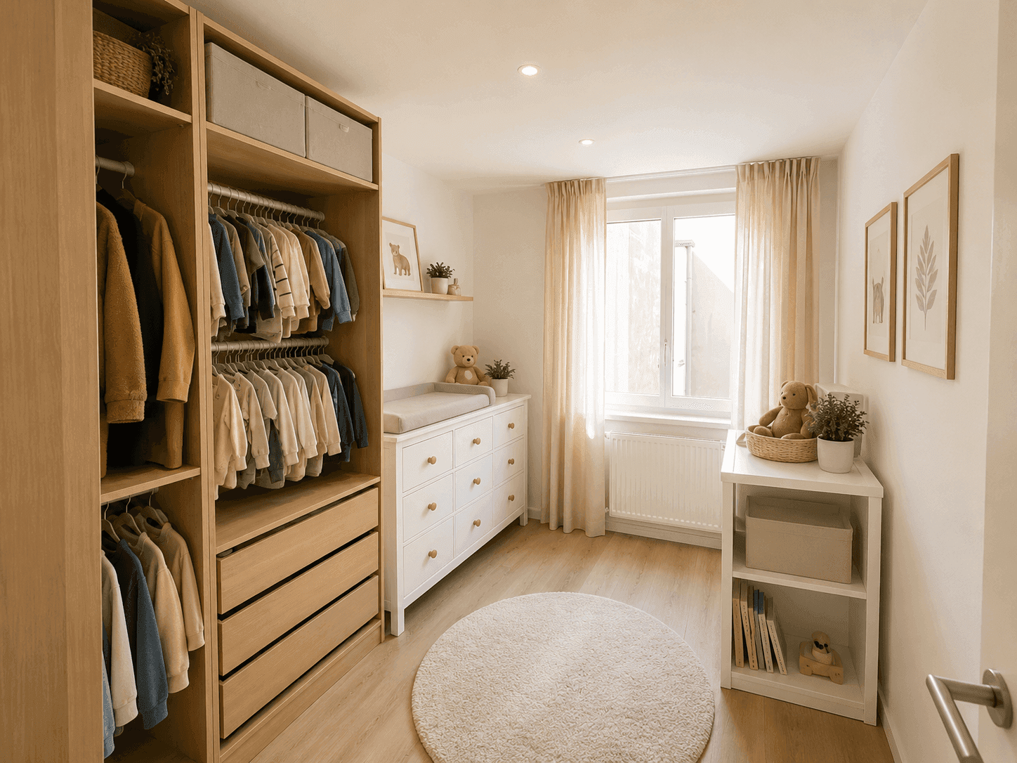 Helles Kinderzimmer mit Wickelkommode, Einbauschrank und Holzboden, liebevoll eingerichtet.