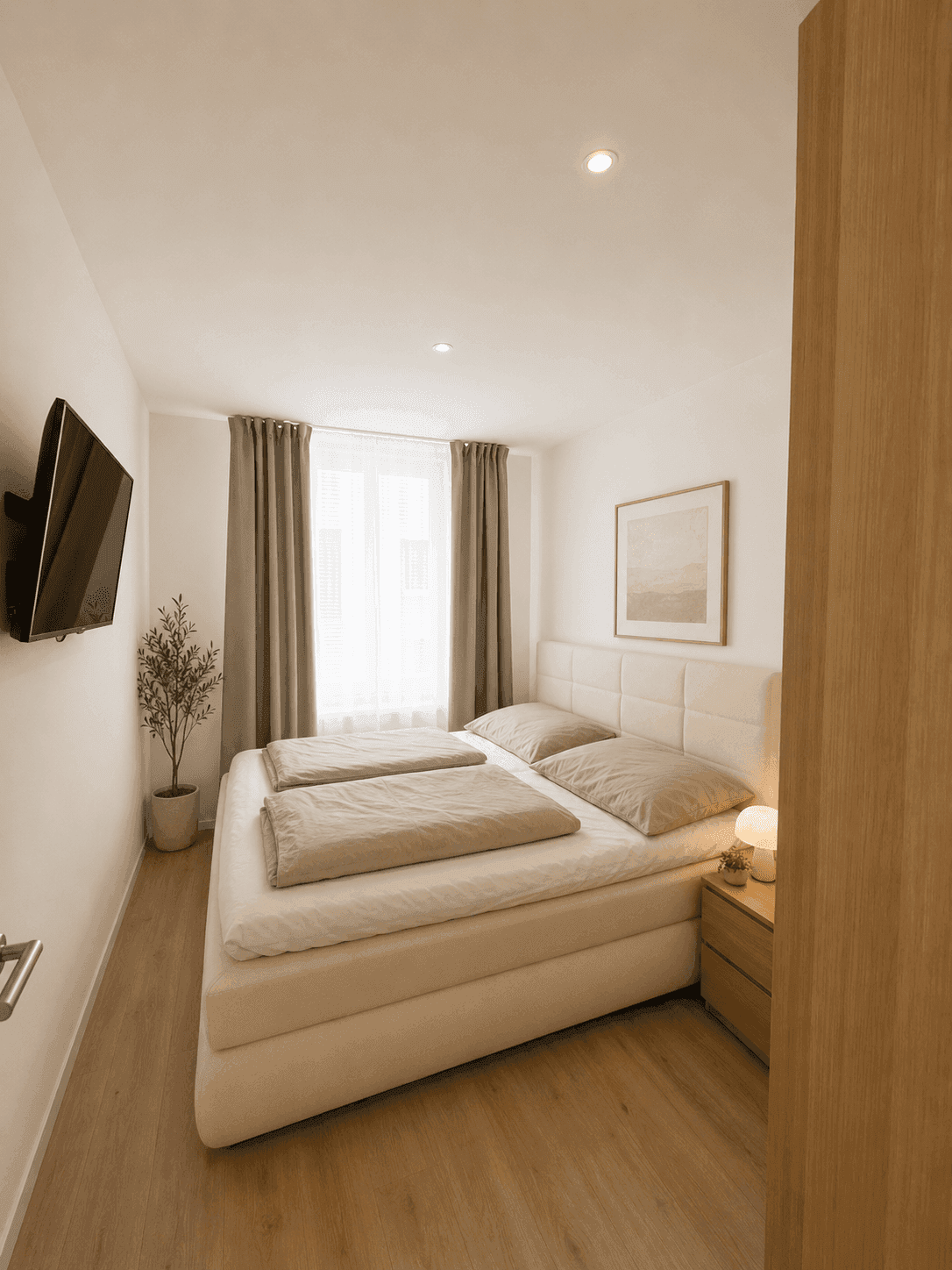 Gemütliches Schlafzimmer mit Doppelbett, Holzboden und viel Tageslicht durch das Fenster.