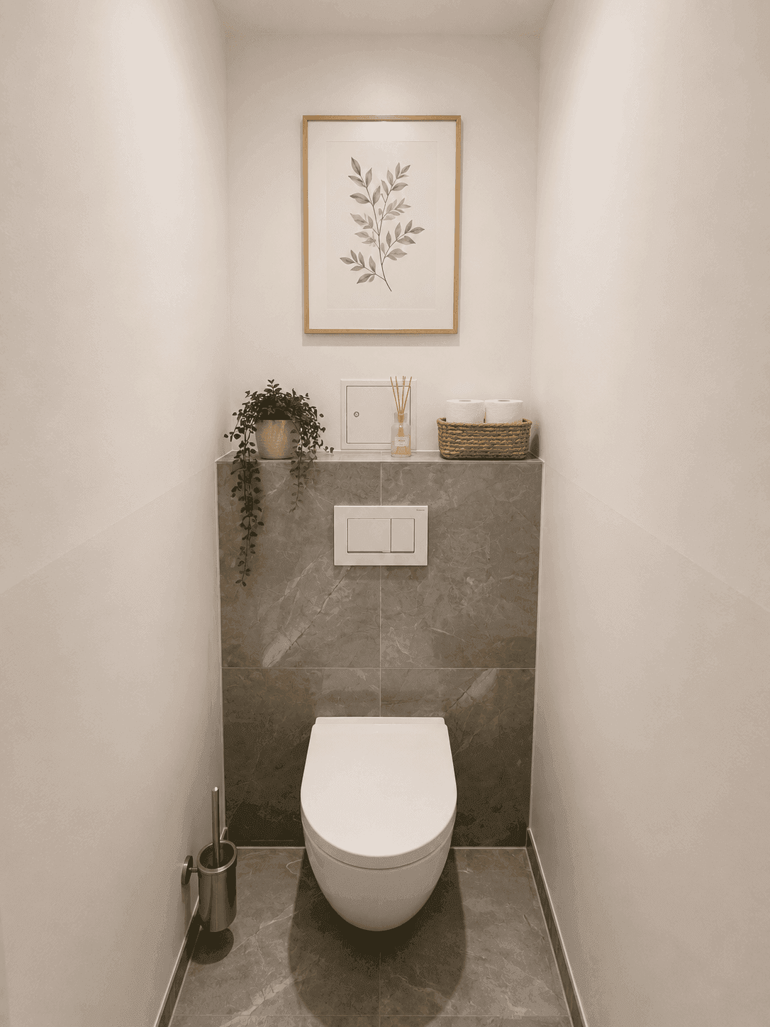 Modernes Gäste-WC mit wandhängender Toilette und stilvoller Wandgestaltung in Grautönen.