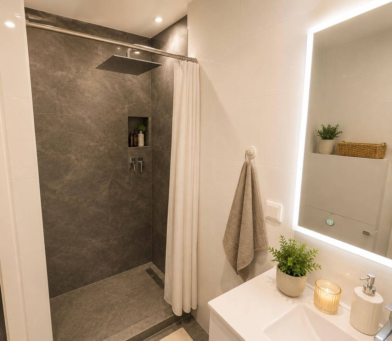 Elegantes Badezimmer mit großer begehbarer Dusche und modernem Waschtisch mit Spiegel.