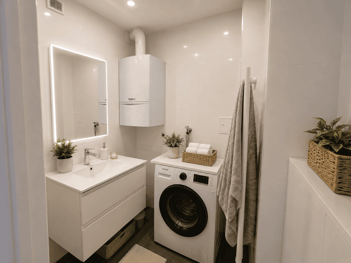 Modernes Badezimmer mit Waschbecken, beleuchtetem Spiegel und integrierter Waschmaschine.