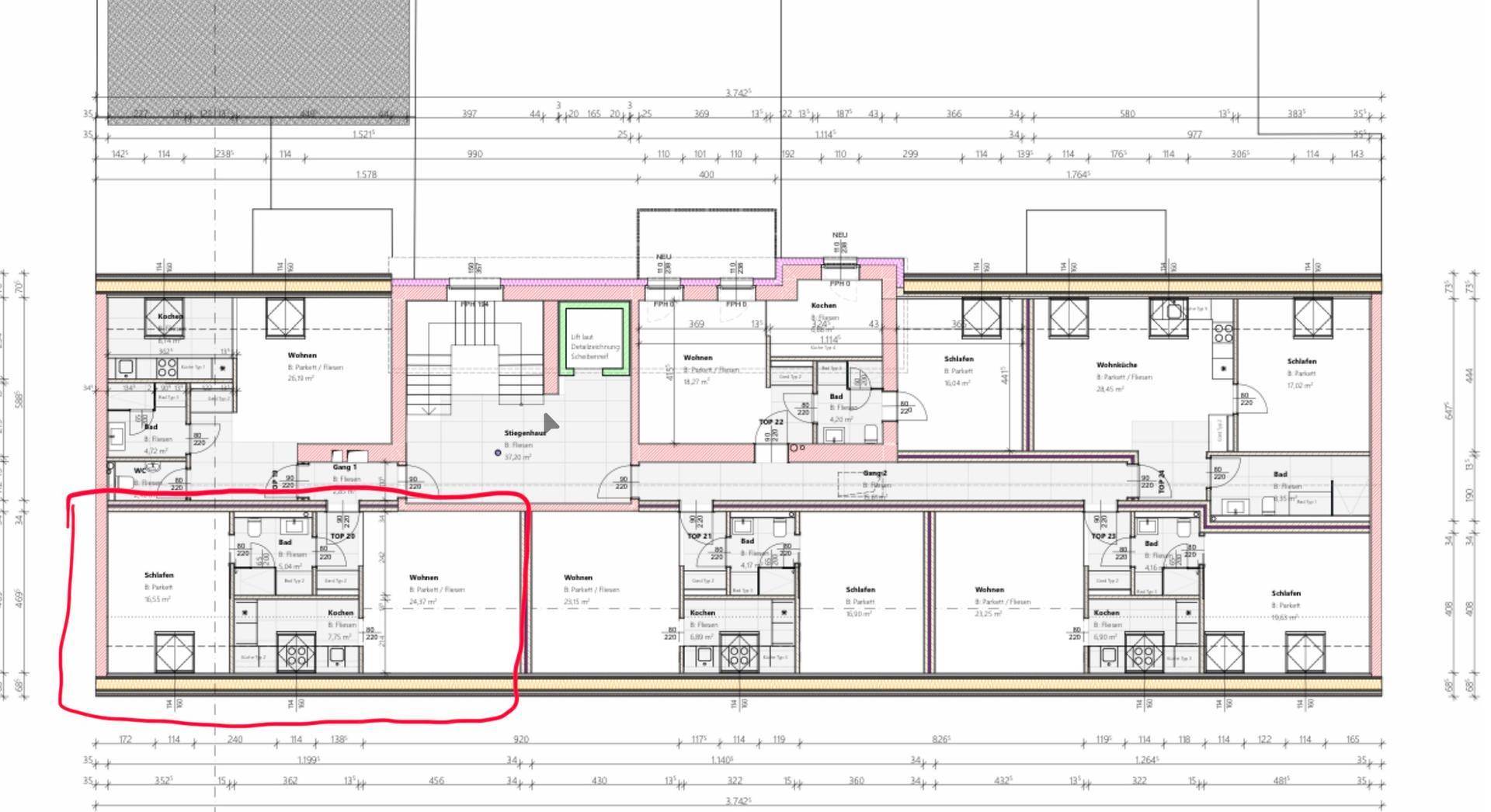 Grundrissplan einer Wohneinheit mit mehreren Zimmern und detaillierten Maßangaben.