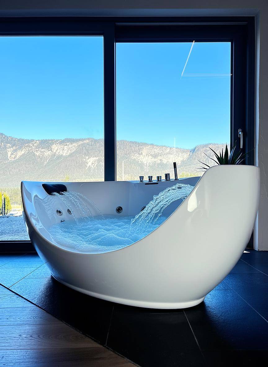 Freistehende Badewanne mit Whirlpool-Funktion und Panoramablick auf die Berge durch große Fenster.