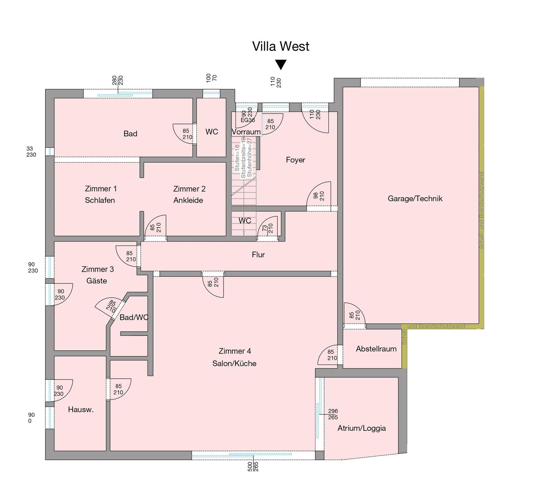 Grundriss des Erdgeschosses der Villa West mit offenem Wohn-/Küchenbereich, Schlafzimmern und Garage.
