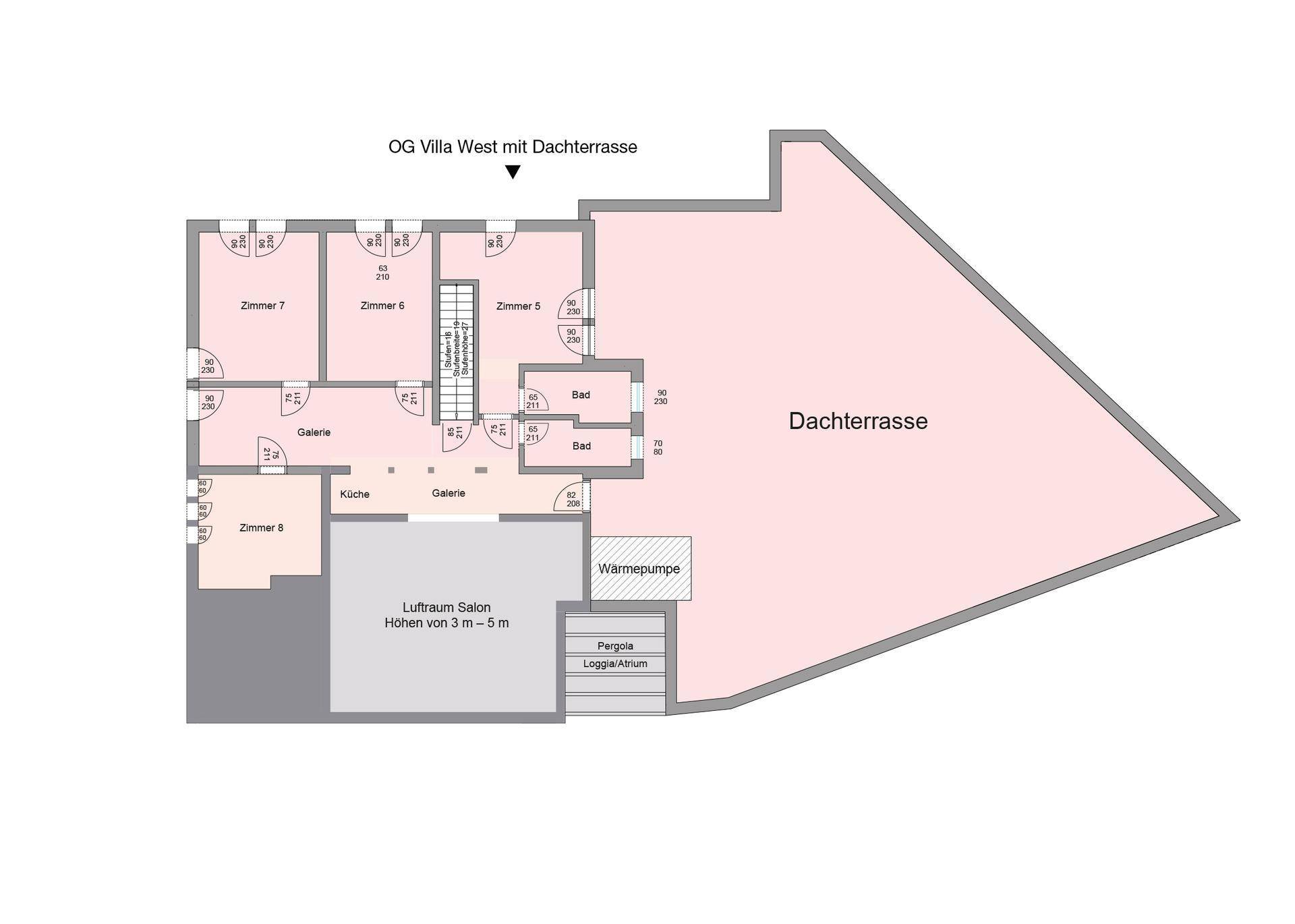 Grundriss des Obergeschosses der Villa West mit großer Dachterrasse, Schlafzimmern und hohen Decken.