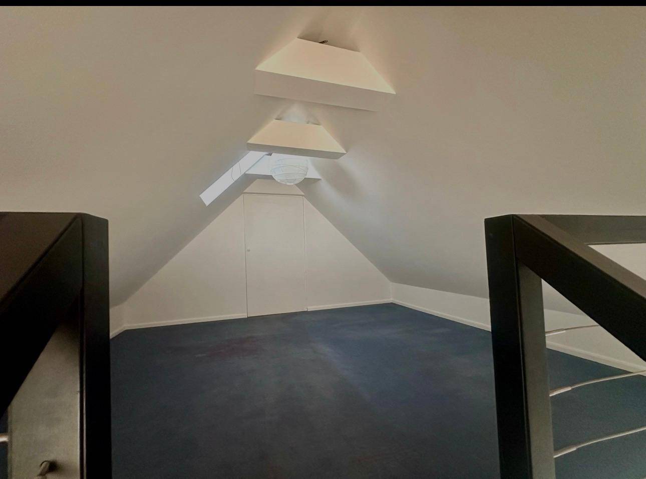 Offener Dachbodenbereich mit Teppichboden und Dachschrägen.