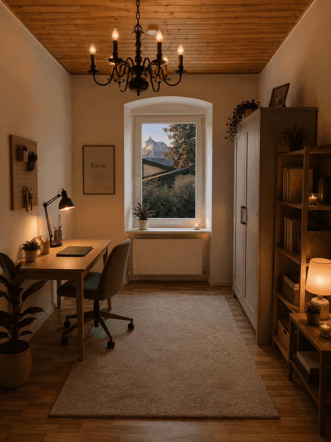 Arbeitszimmer mit Schreibtisch, Bücherregal, Holzdecke und Fenster mit Blick ins Grüne.