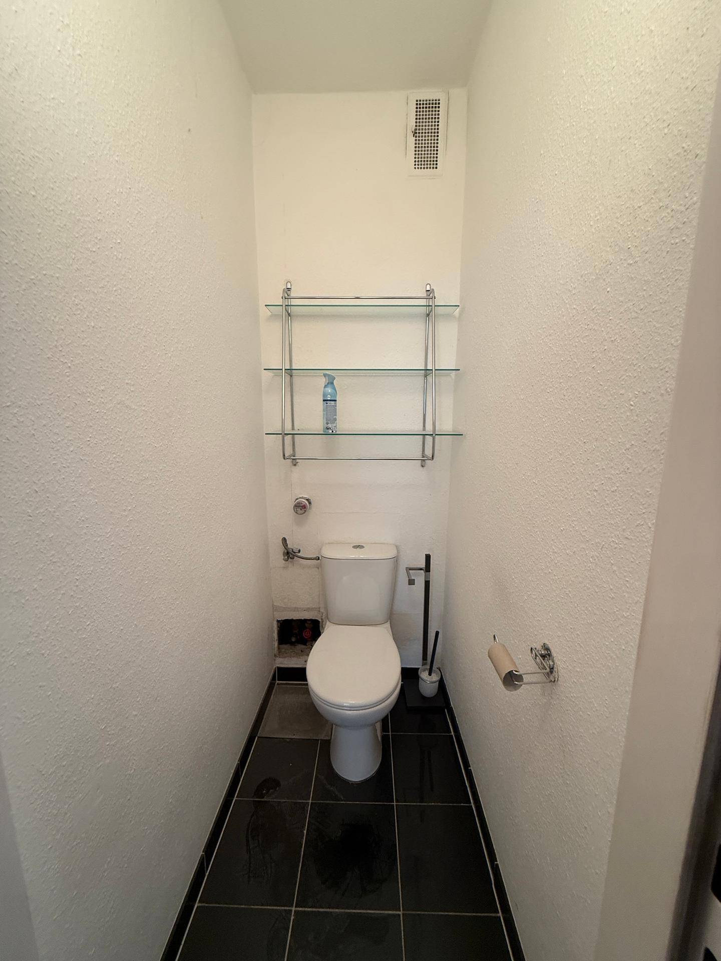 Separates Gäste-WC mit Toilette, schwarzen Fliesen und praktischen Ablageregalen.