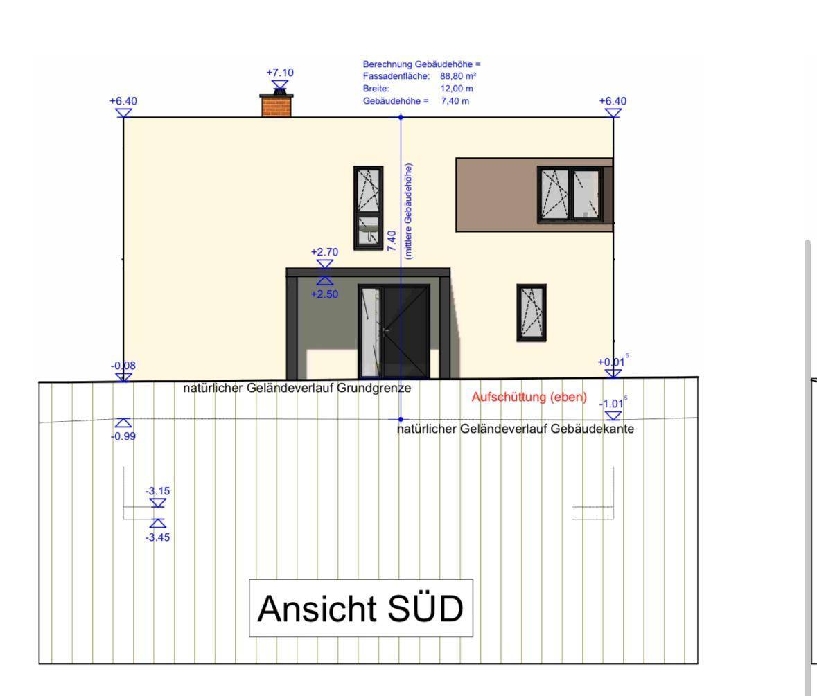 Architektonische Ansicht der Südfassade des Gebäudes mit Höhenangaben.