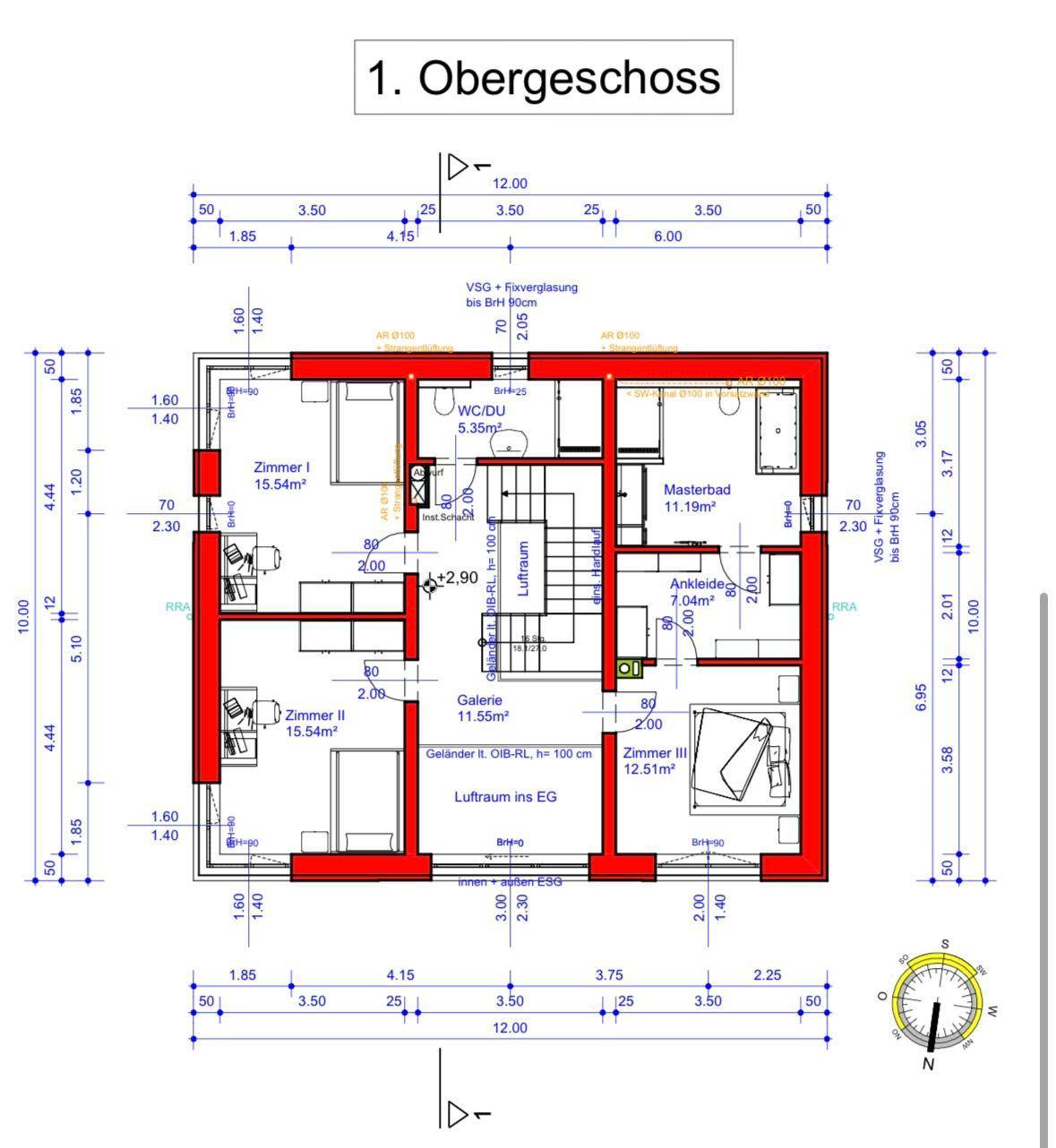 Grundriss des 1. Obergeschosses mit Schlafzimmern, Bad und Galerie.