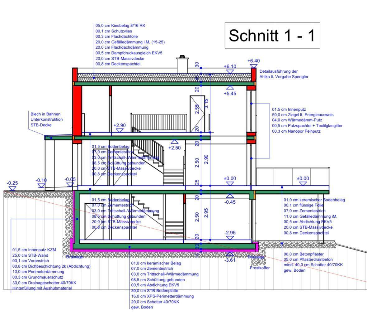 Schnittzeichnung des Gebäudes mit detaillierten Konstruktionsschichten und Höhenangaben.