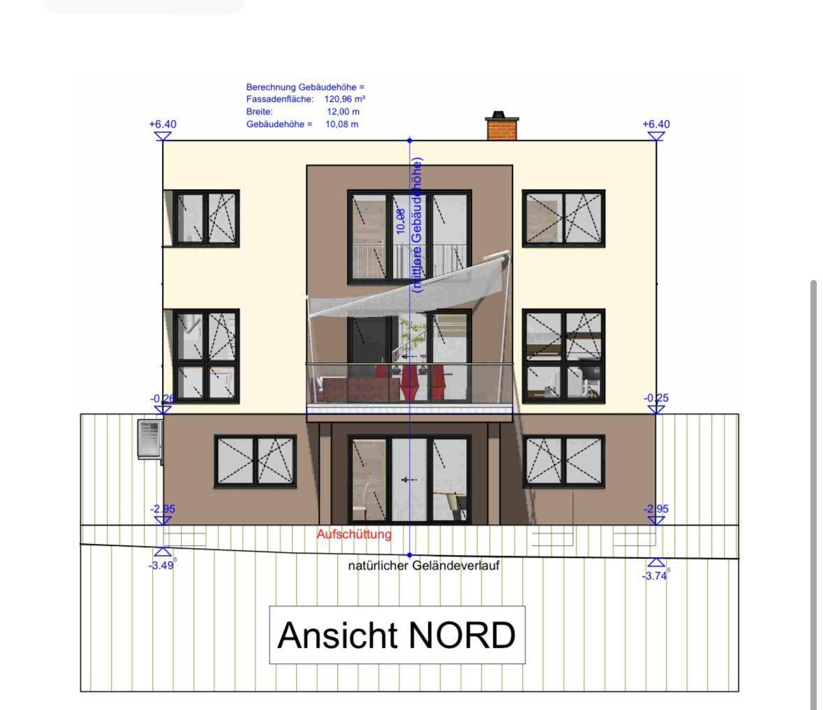 Architektonische Ansicht der Nordfassade des Gebäudes mit Balkonen und Höhenangaben.