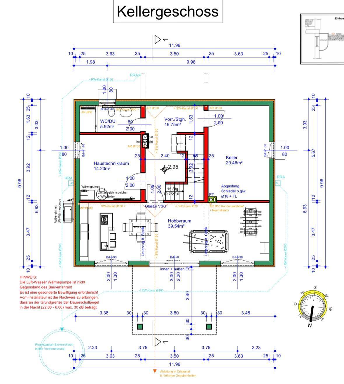 Grundriss des Kellergeschosses mit Hobbyraum, Technikraum und weiteren Kellerräumen.