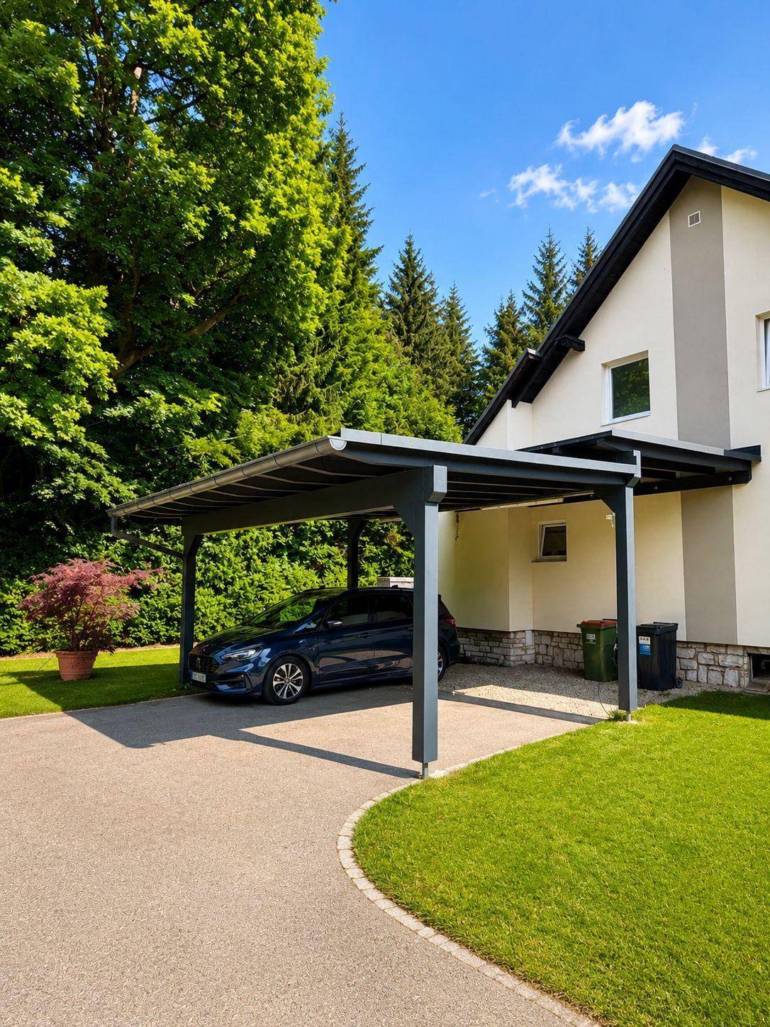 Modernes Einfamilienhaus mit Carport und gepflegtem Vorgarten, umgeben von hohen Bäumen.